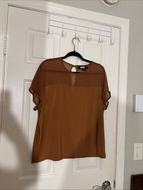 DKNY Rust Brown Sheer Yoke Flutter Sleeve Blouse